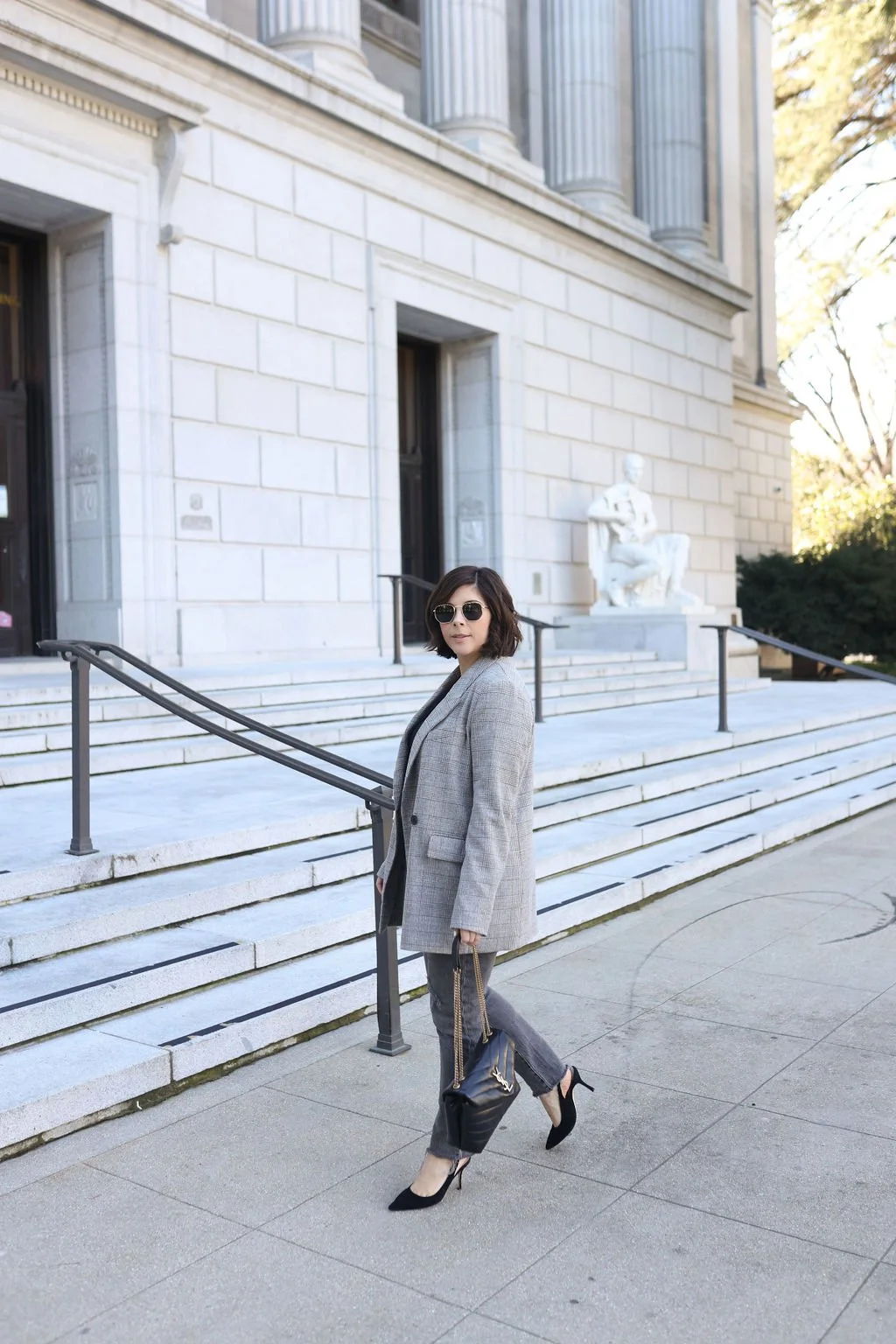 Blazer and Gray Jeans Spring Outfit For Work Or Date Night Sling Back Heels Edit Libier Reynolds